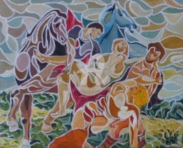Schilderij getiteld "L'enlèvement consen…" door Esdez, Origineel Kunstwerk, Olie Gemonteerd op Frame voor houten brancard