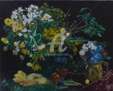 Malarstwo zatytułowany „Trois bouquets” autorstwa Esdez, Oryginalna praca, Olej Zamontowany na Drewniana rama noszy