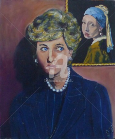 Schilderij getiteld "Jeune femme aux per…" door Esdez, Origineel Kunstwerk, Olie Gemonteerd op Frame voor houten brancard