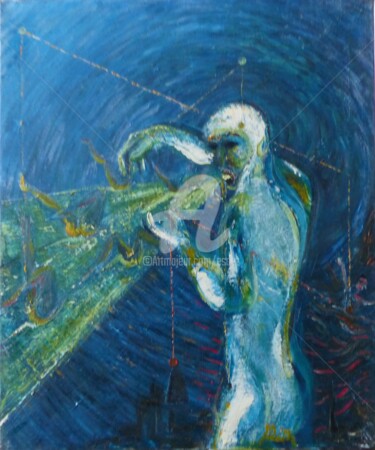 Painting titled "Le cracheur vert se…" by Esdez, Original Artwork, Oil Mounted on Wood Stretcher frame