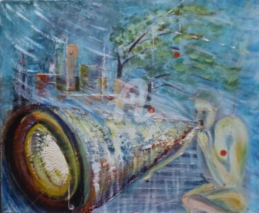 Peinture intitulée "Le cracheur de temp…" par Esdez, Œuvre d'art originale, Huile Monté sur Châssis en bois