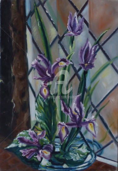 Painting titled "Les Iris" by Esdez, Original Artwork, Oil Mounted on Wood Stretcher frame