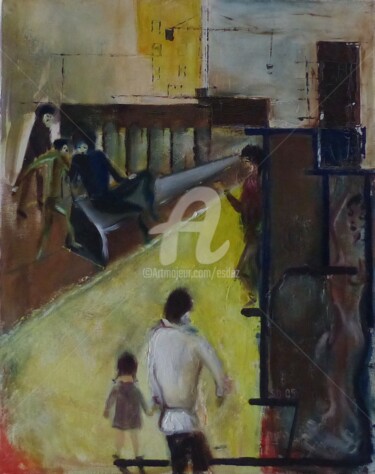 Painting titled "Banc lieu" by Esdez, Original Artwork, Oil Mounted on Wood Stretcher frame