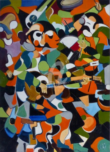 Painting titled "Musique" by Esdez, Original Artwork, Oil Mounted on Wood Stretcher frame