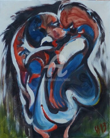 Painting titled "Partage" by Esdez, Original Artwork, Oil Mounted on Wood Stretcher frame