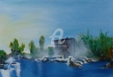 제목이 "Vapeurs matinales"인 미술작품 Esdez로, 원작, 기름 나무 들것 프레임에 장착됨