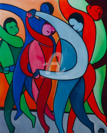Painting titled "Le bal" by Esdez, Original Artwork, Oil Mounted on Wood Stretcher frame