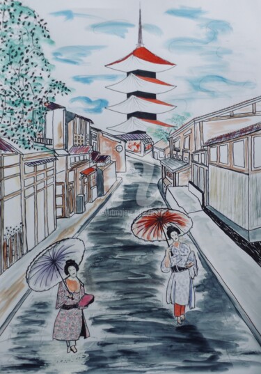 Disegno intitolato "Rue japonaise" da Esdez, Opera d'arte originale, Inchiostro