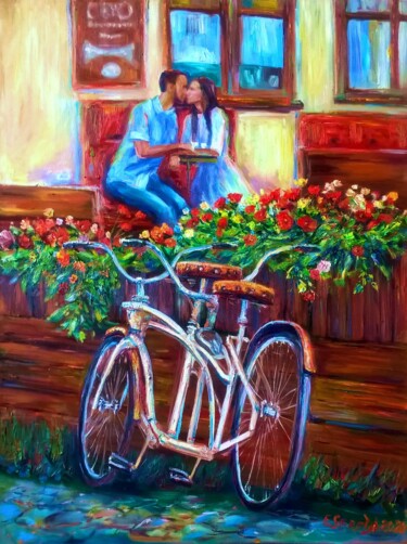 Картина под названием "Кофе для двоих" - Elena Sereda, Подлинное произведение искусства, Масло Установлен на Деревянная рама…