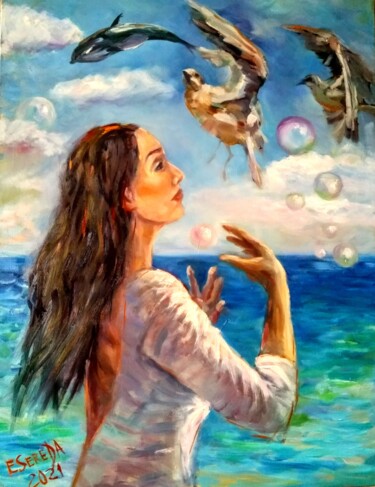 Картина под названием "Чувство полета" - Elena Sereda, Подлинное произведение искусства, Масло Установлен на Деревянная рама…