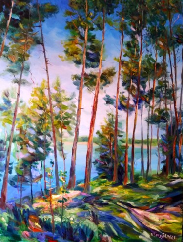 Painting titled "Лесной пейзаж" by Elena Sereda, Original Artwork, Oil Mounted on Wood Stretcher frame