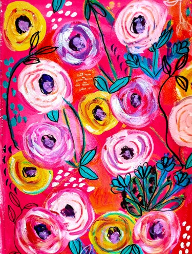 Картина под названием "Just happy flowers" - Esmeralda Skverer, Подлинное произведение искусства, Акрил