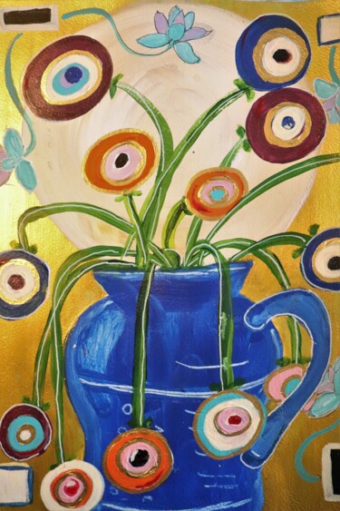 Pittura intitolato "Blue vase with flow…" da Esmeralda Skverer, Opera d'arte originale, Acrilico