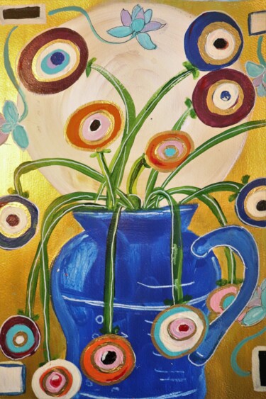 Painting titled "Blue vase with flow…" by Esmeralda Skverer, Original Artwork, Acrylic