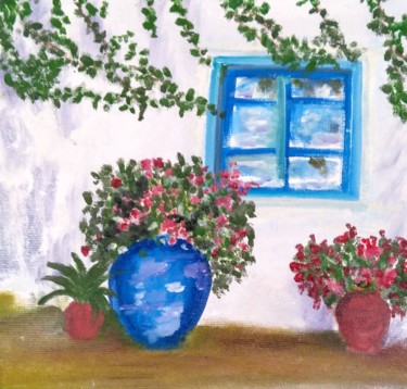 Картина под названием "Pencere önü çiçekle…" - Esma Dinçer, Подлинное произведение искусства, Масло Установлен на Деревянная…