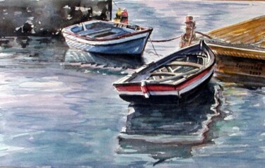 Painting titled "Barcos na Doca do R…" by Esmeralda Duarte, Original Artwork, Oil