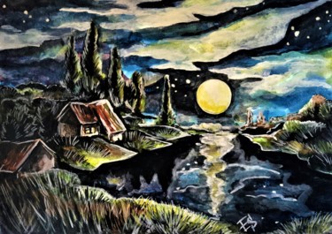 Peinture intitulée "The starry night (v…" par Elena Sivoplyasova, Œuvre d'art originale, Aquarelle
