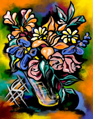 Blinded by the light, Picasso Matisse fauvism cubism flowers Peinture intitulée "Blinded by the ligh…" par Elena Sivoplyasova, Œuvre d'art originale, Tempera Monté sur Châssis