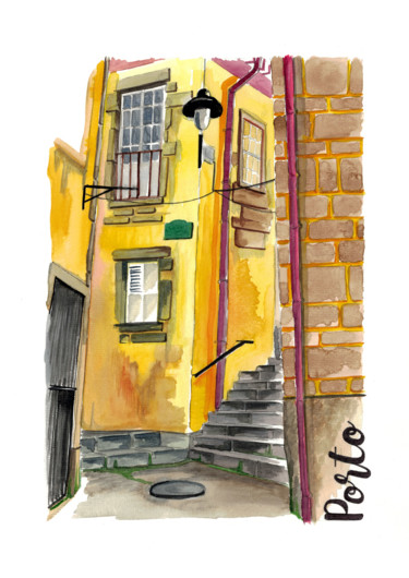 détour d'une ruelle de Porto Peinture intitulée "détour d'une ruelle…" par Céline Barbosa, Œuvre d'art originale, Aquarelle