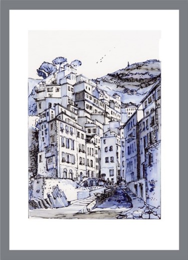 Desenho intitulada "Cinque Terre- Dessin" por Gérard Esquerre, Obras de arte originais, Tinta
