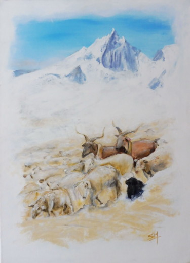 Painting titled "Transhumance face à…" by Simon Martin (Esse Eme), Original Artwork, Acrylic