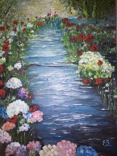 Peinture intitulée "Rivière fleurie" par Essia, Œuvre d'art originale, Huile