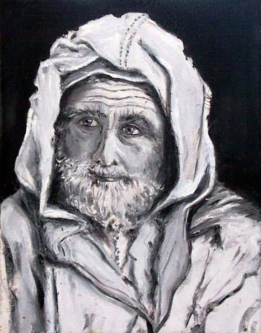 Peinture intitulée "Vieillard au burnous" par Essia, Œuvre d'art originale, Huile