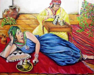 Painting titled "Sur la terrasse" by Essia, Original Artwork, Oil