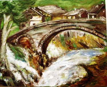 Peinture intitulée "Un petit pont" par Essia, Œuvre d'art originale, Huile