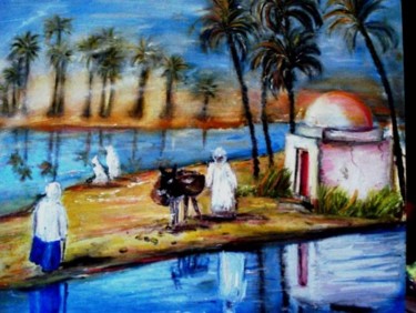 Peinture intitulée "Oasis à l'aube" par Essia, Œuvre d'art originale, Huile