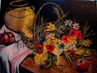 Painting titled "Panier fleuri." by Essia, Original Artwork, Oil