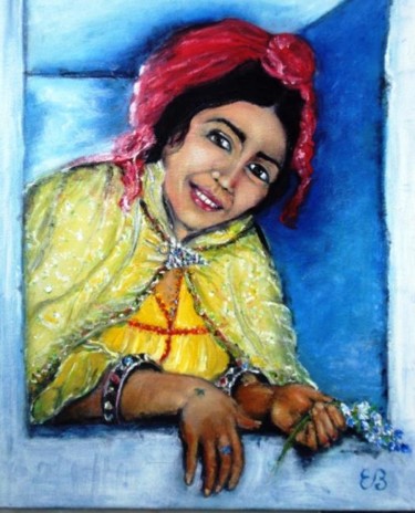 Peinture intitulée "jeune femme à la fe…" par Essia, Œuvre d'art originale, Huile