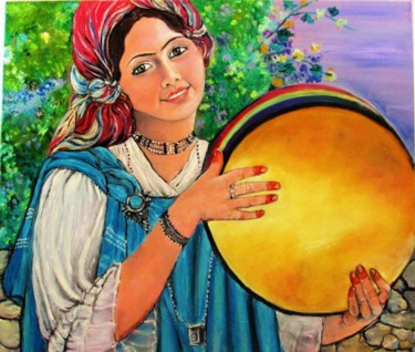Peinture intitulée "jeune femme au tamb…" par Essia, Œuvre d'art originale, Huile