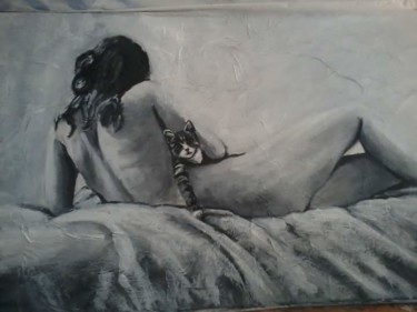 Painting titled "Girl and Cat" by Eutukhia, Original Artwork