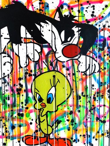 Malerei mit dem Titel "Tweety & Sylvester" von Esteban Vera (EVera), Original-Kunstwerk, Acryl