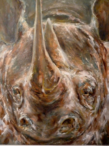 Painting titled "Rhinocéros" by Esteban Navarro, Original Artwork, Oil Mounted on Wood Stretcher frame