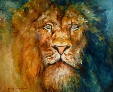 Painting titled "Lion" by Esteban Navarro, Original Artwork, Oil Mounted on Wood Stretcher frame