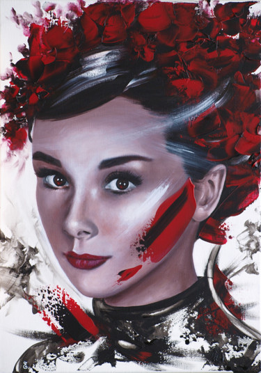 Pintura titulada ""Audrey in red"" por Estelle Barbet, Obra de arte original, Acrílico