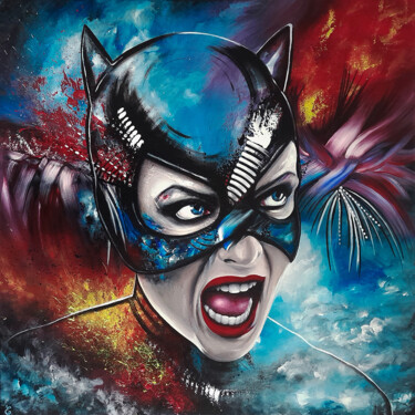 Painting titled ""Meowing Catwoman"" by Estelle Barbet, Original Artwork, Acrylic