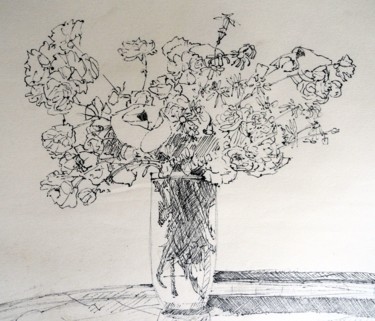 Dessin intitulée "Vase et bouquet" par Estelle Cermelli, Œuvre d'art originale