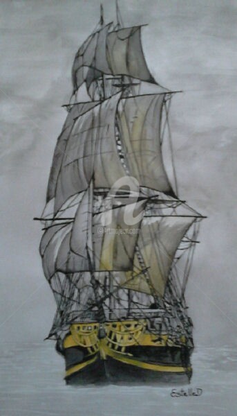 Drawing titled "L'Hermione" by Estelle D, Original Artwork, Ink