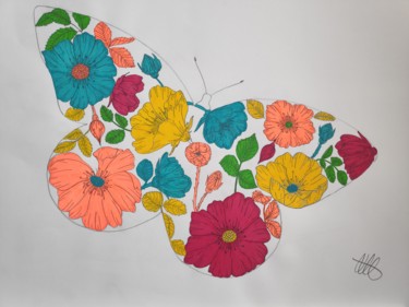 Σχέδιο με τίτλο "Papillon et fleurs" από Estelle Morelli, Αυθεντικά έργα τέχνης, Μαρκαδόρος