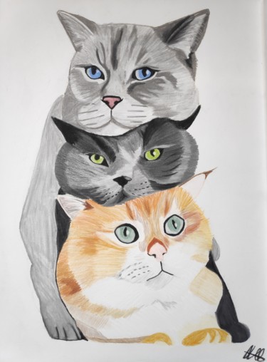 Tekening getiteld "Trois petits chats" door Estelle Morelli, Origineel Kunstwerk, Pastel