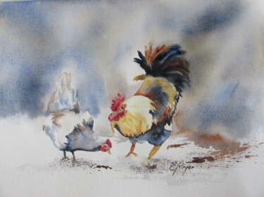 Painting titled "L'heure du repas" by Estelle Royer, Original Artwork, Watercolor