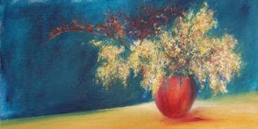 Painting titled "Bouquet de mimosa" by Estelle Darve, Original Artwork, Oil Mounted on Other rigid panel