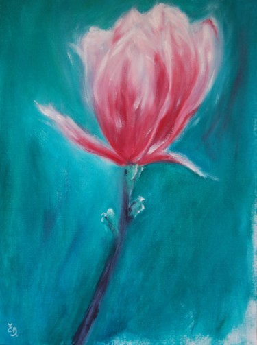 Painting titled "Fleur de magnolia" by Estelle Darve, Original Artwork, Oil Mounted on Other rigid panel