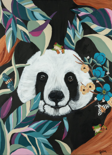 Painting titled "Wild Panda" by Estelle Gautier, Original Artwork, Acrylic Mounted on Wood Stretcher frame