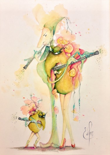 Drawing titled "Les flûtistes" by Ester De Pass, Original Artwork, Watercolor