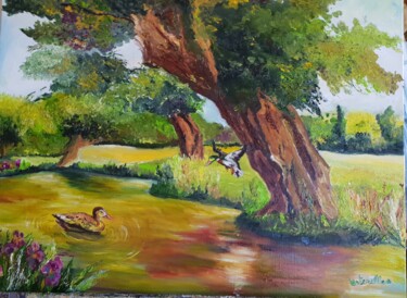 Peinture intitulée "L'étang" par Esterelle, Œuvre d'art originale, Huile