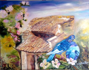 Painting titled "les pigeons amoureux" by Esterelle, Original Artwork, Oil